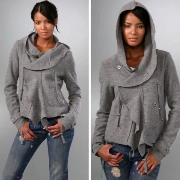 Free People Cinch Front Draped Hoodie Jacket Wool Black Sweater - Picture 2 of 8